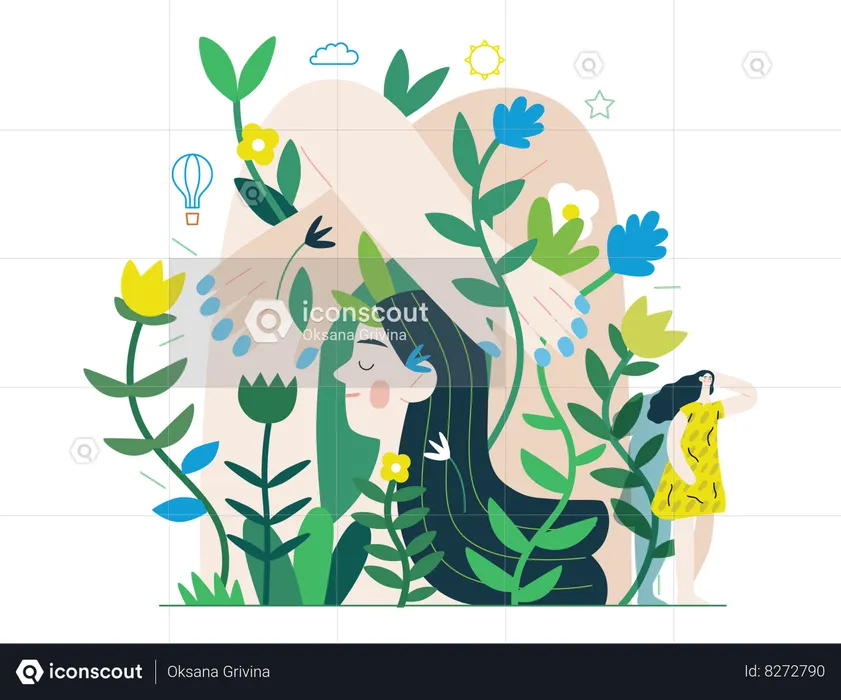 Woman surrounded by plants  Illustration