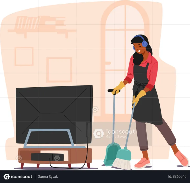 Woman Sweeps Floor  Illustration