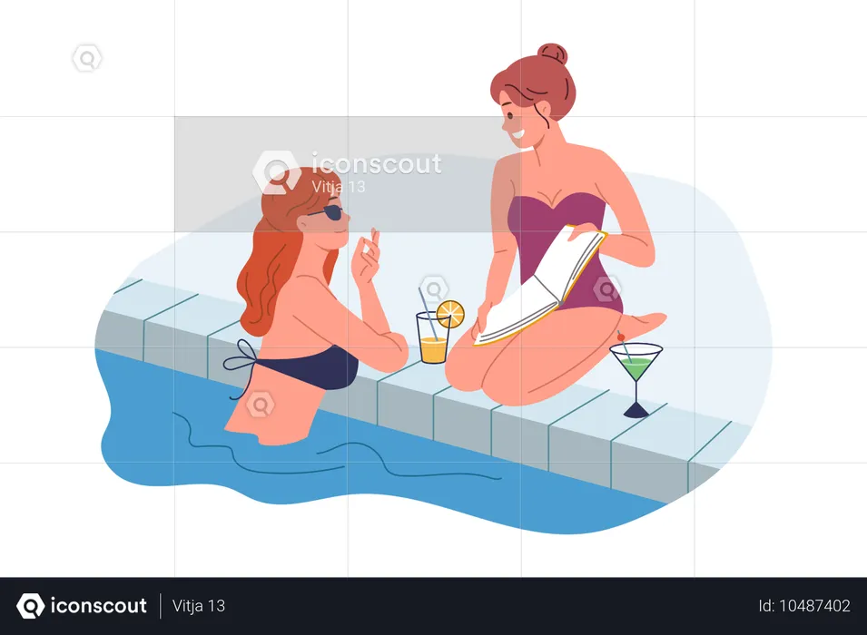 Woman swims in pool and drinks cocktail and talking to sunbathing friend sitting on dry land  Illustration