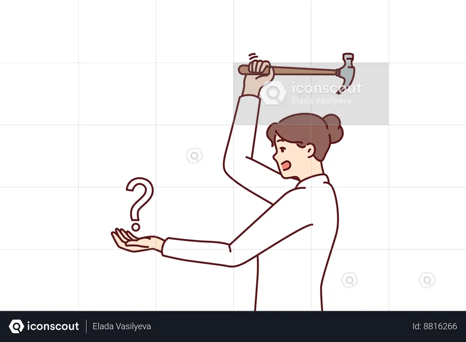 Woman swinging hammer at question mark  Illustration