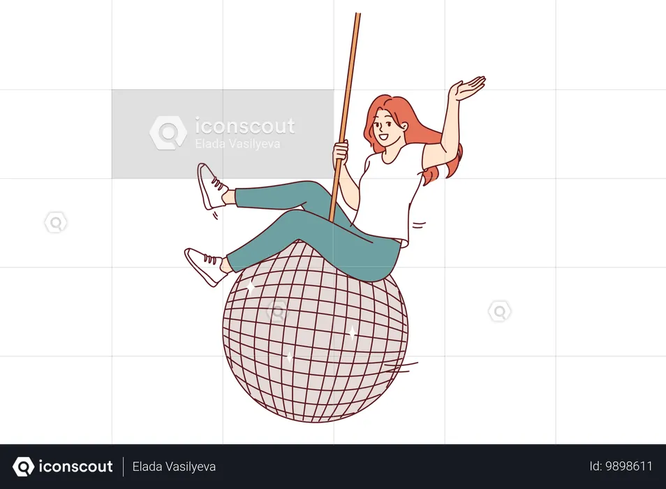 Woman swings on large disco ball and waves hand welcomingly inviting guests to student party  Illustration