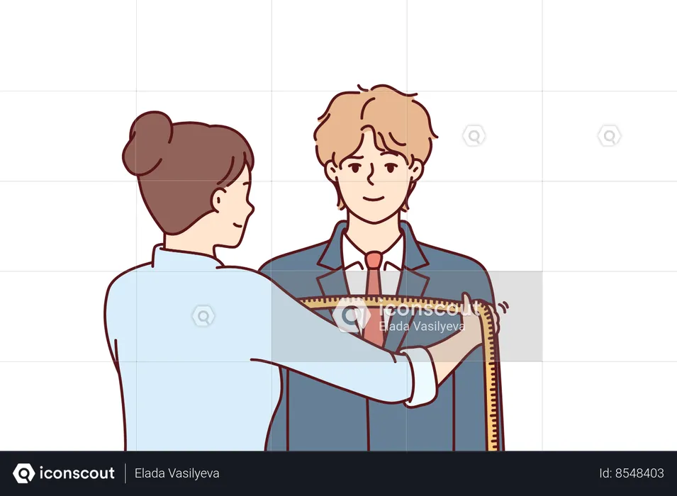 Woman tailor measures shoulders of man in centimeters to make formal suit to individual measurements  Illustration