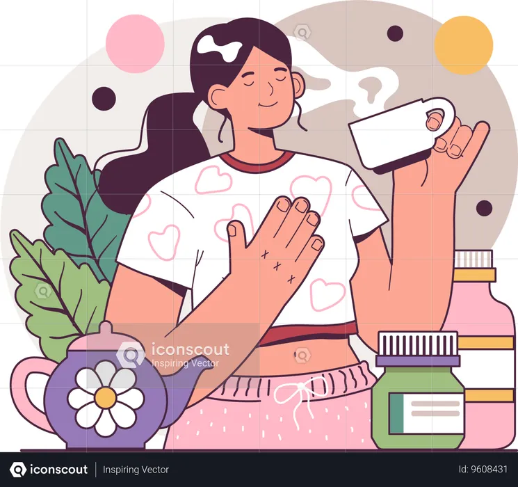 Woman take medicines to relief from stomach disorder  Illustration