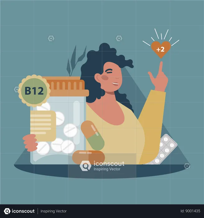 Woman takes B12 tablets  Illustration