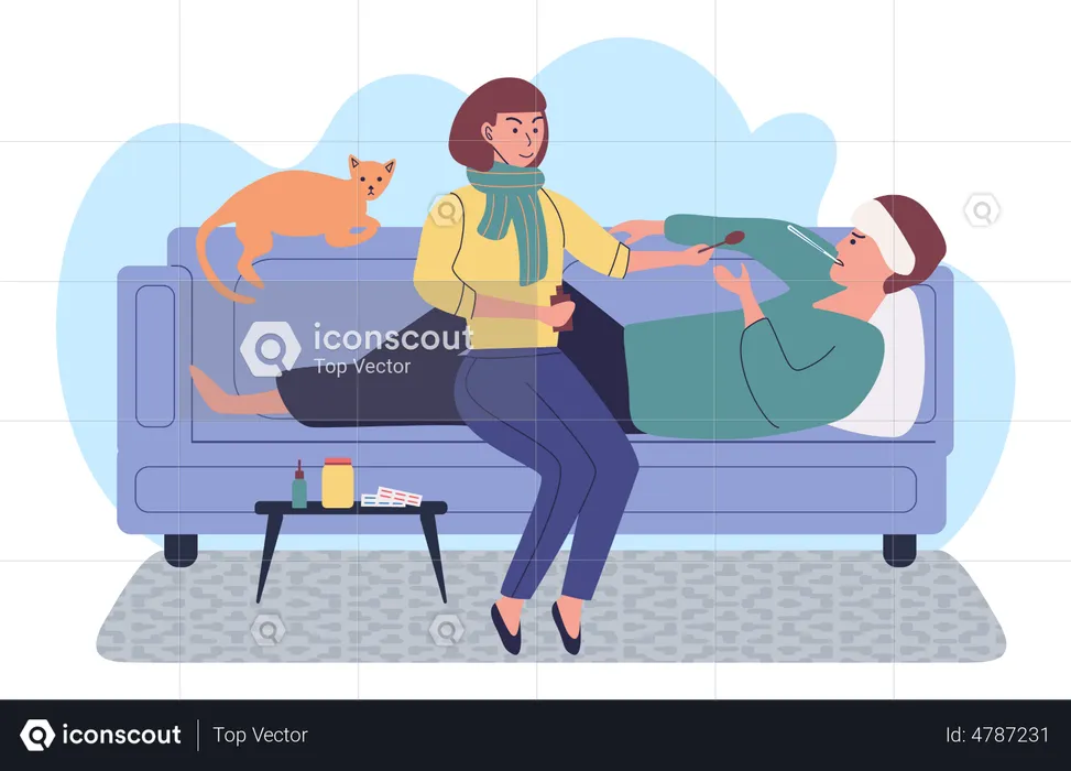 Woman takes care about man with flu  Illustration