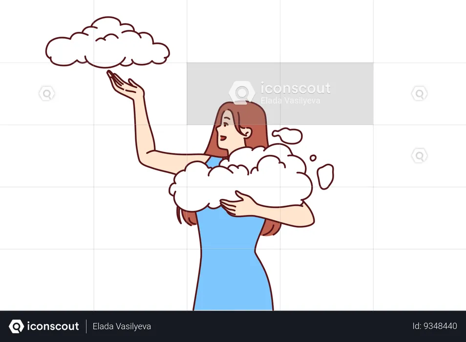 Woman takes clouds from sky enjoying clear weather available thanks to clean environment  Illustration