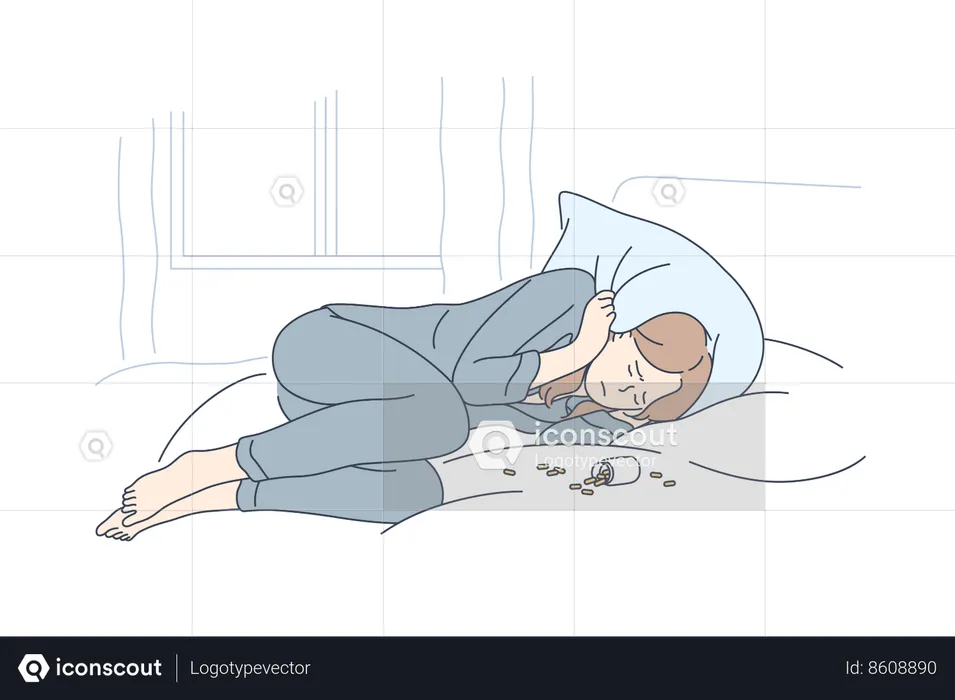 Woman takes sleeping pills  Illustration