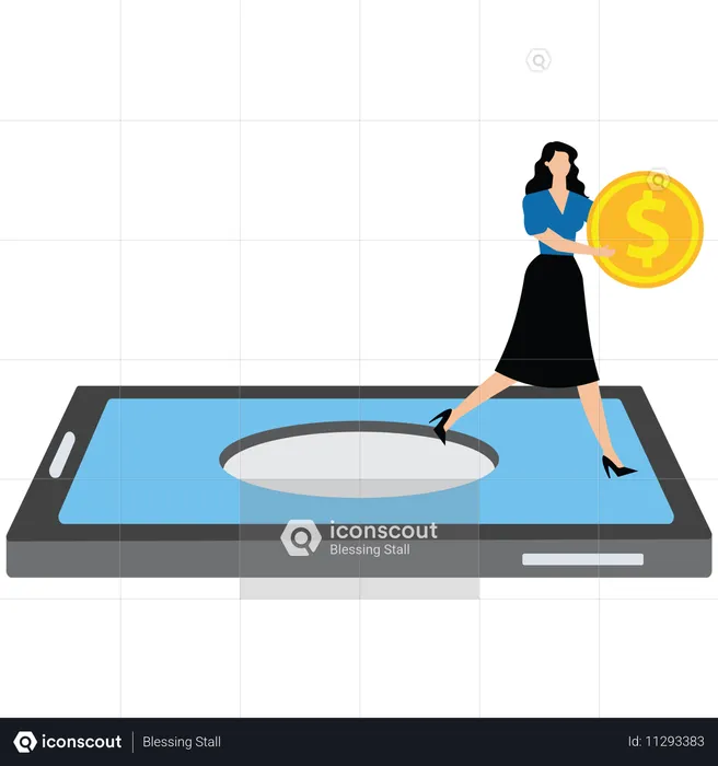 Woman taking big coin out of his mobile phone  Illustration