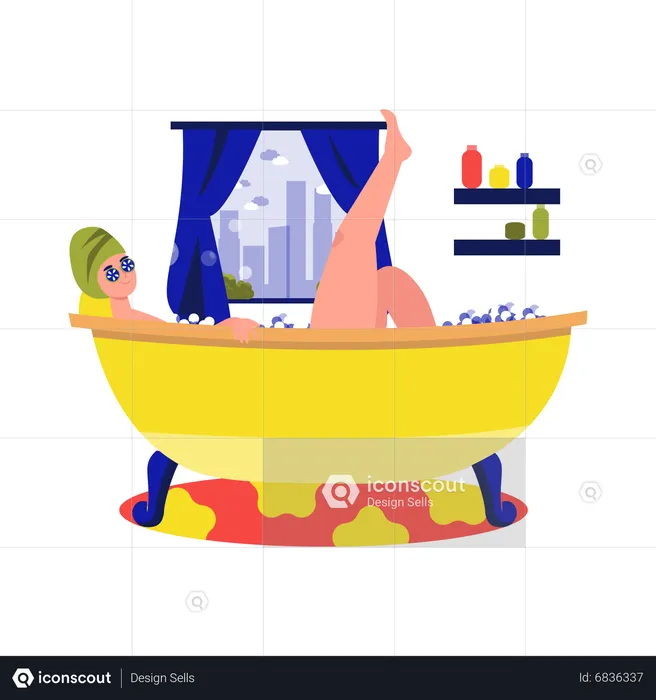 Woman taking bubble bath in bathroom  Illustration