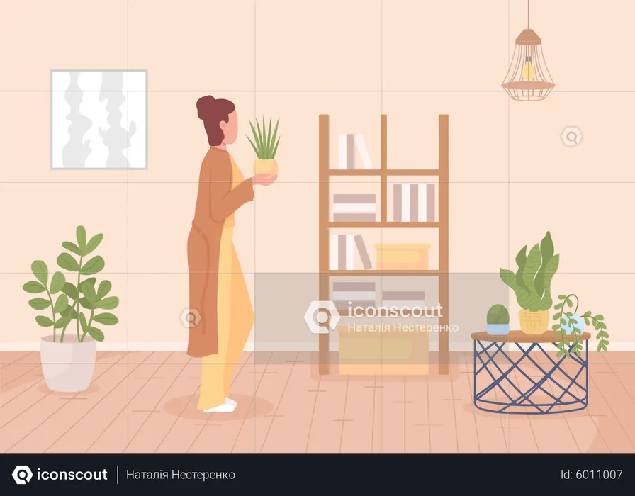 Woman taking care of houseplant  Illustration