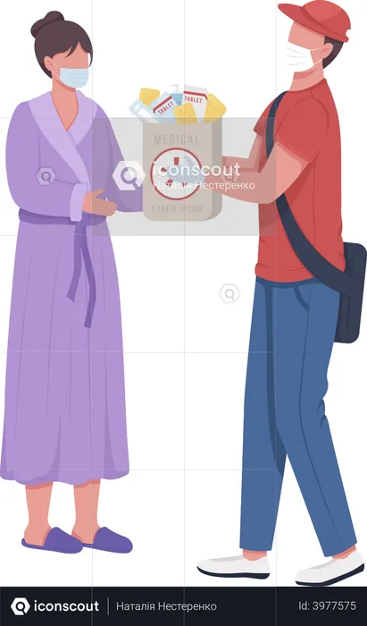 Woman taking medication from courier  Illustration