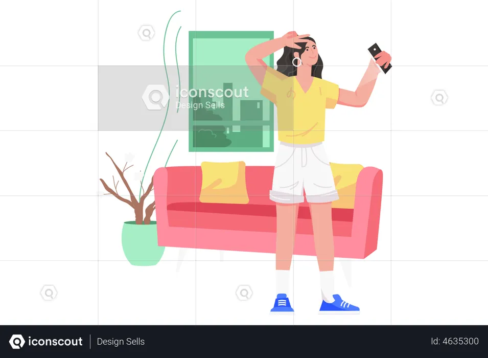 Woman taking selfie at home  Illustration