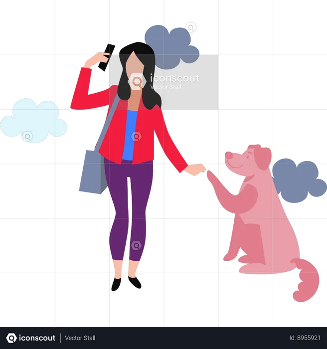 Woman Taking Selfie With Dog  Illustration