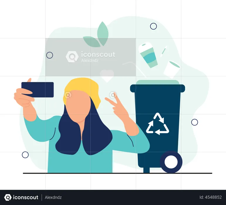 Woman taking selfie with recycle bin  Illustration