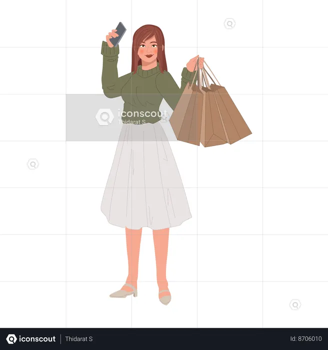 Woman taking selfie with smartphone after shopping  Illustration