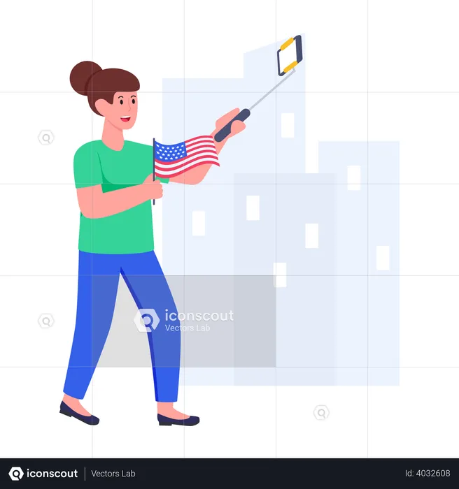 Woman taking selfie with usa flag  Illustration