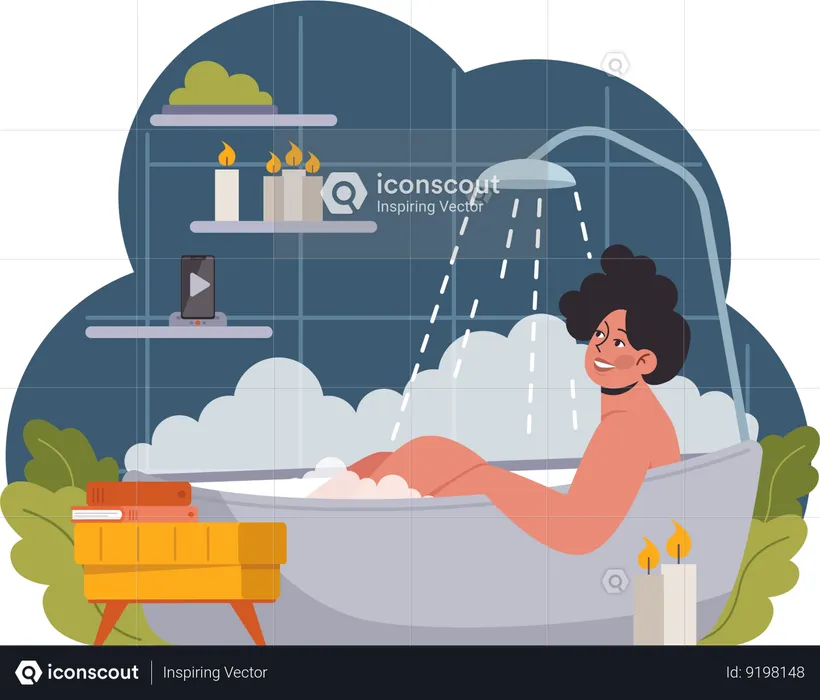 Woman taking shower in bathtub  Illustration