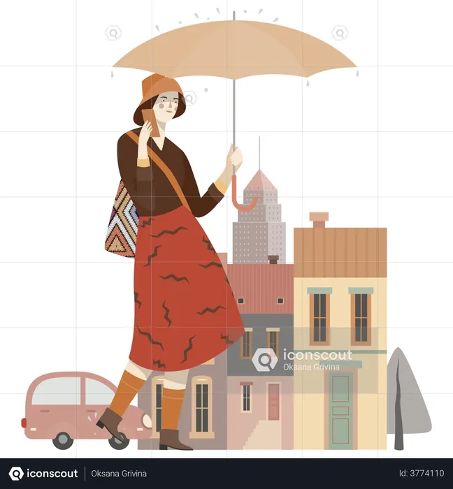 Woman talking on mobile while walking  Illustration