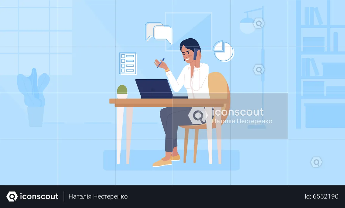 Woman talking on phone about business presentation  Illustration