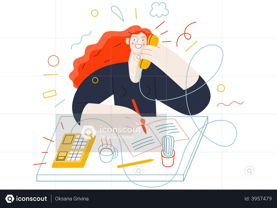 Woman talking to a client by the phone at the office desk  Illustration
