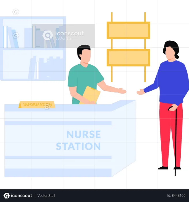 Woman talking to boy at nurse's station  Illustration