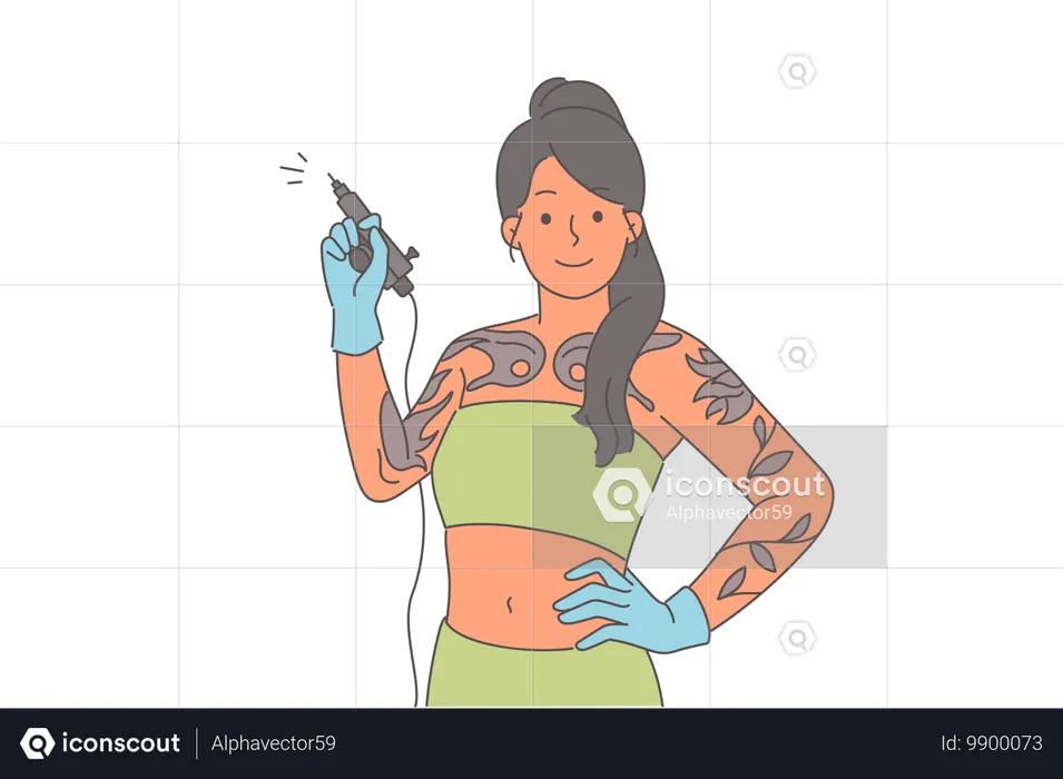 Woman tattoo artist holds machine to apply ink under skin inviting you to change your look  Illustration