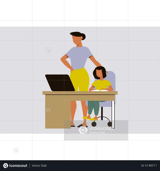 Woman teaching girl on laptop  Illustration