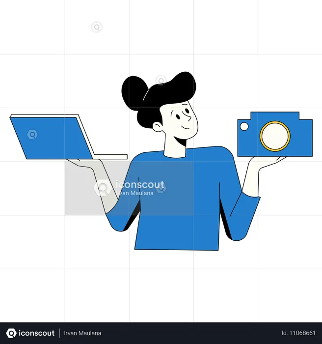 Woman telling about camera and laptop  Illustration