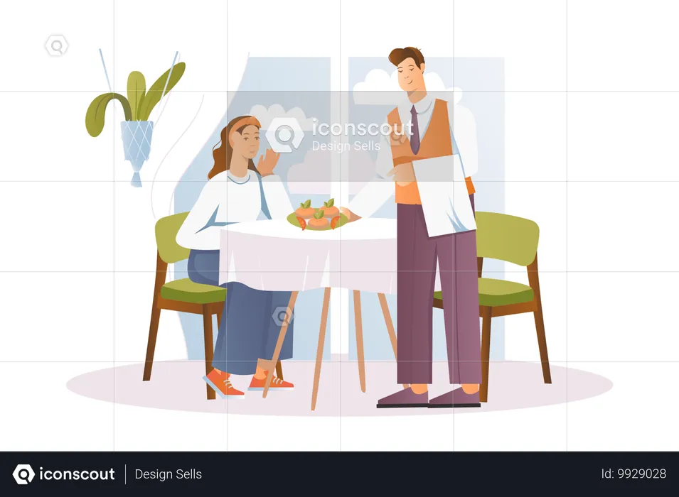 Woman thanks waiter for delicious dinner in restaurant  Illustration