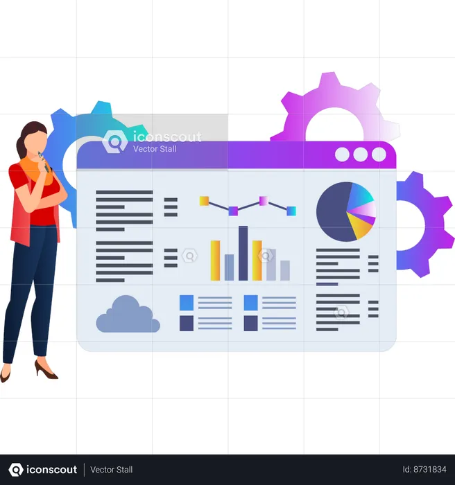 Woman thinking about business graph settings  Illustration