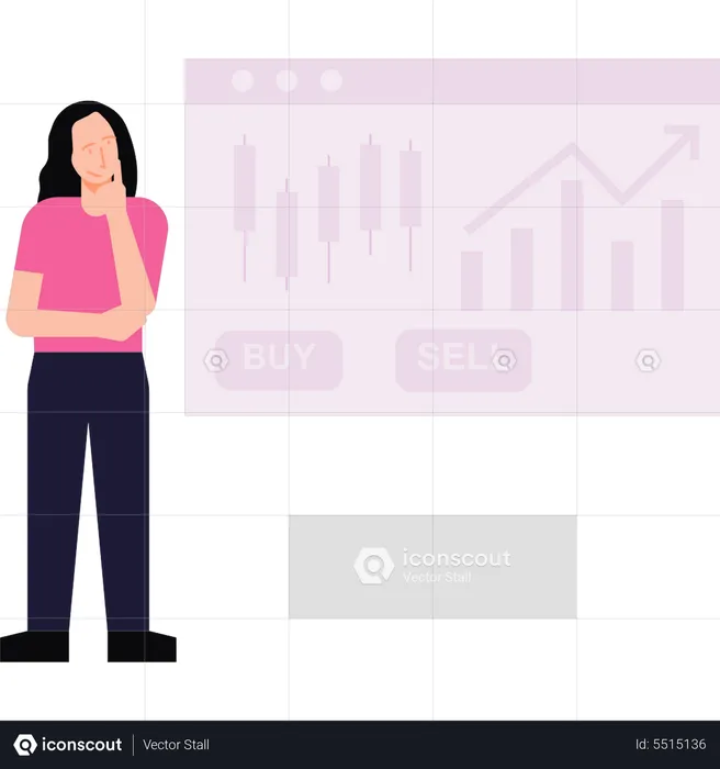 Woman thinking about buying and selling stock market  Illustration