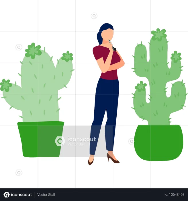 Woman thinking about cereus plant  Illustration