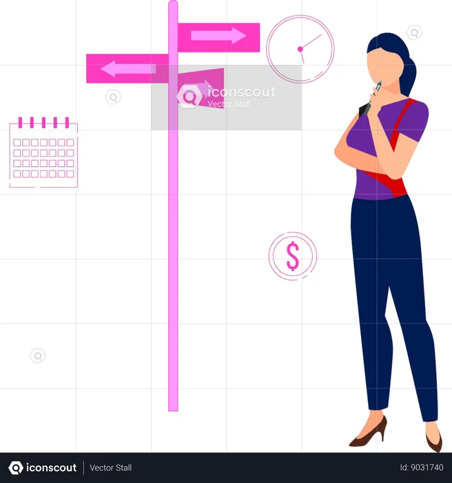 Woman thinking about direction boards  Illustration