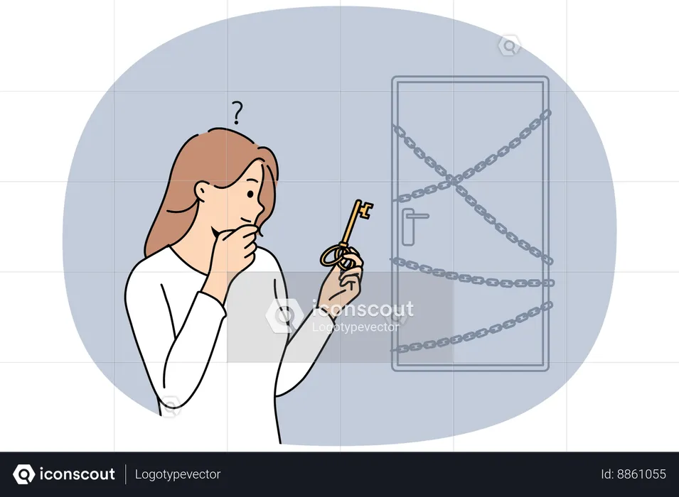 Woman thinking about door key  Illustration