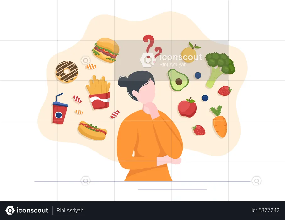Woman thinking about healthy and unhealthy food  Illustration