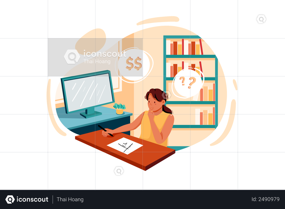 Woman thinking about investment of new business Illustration