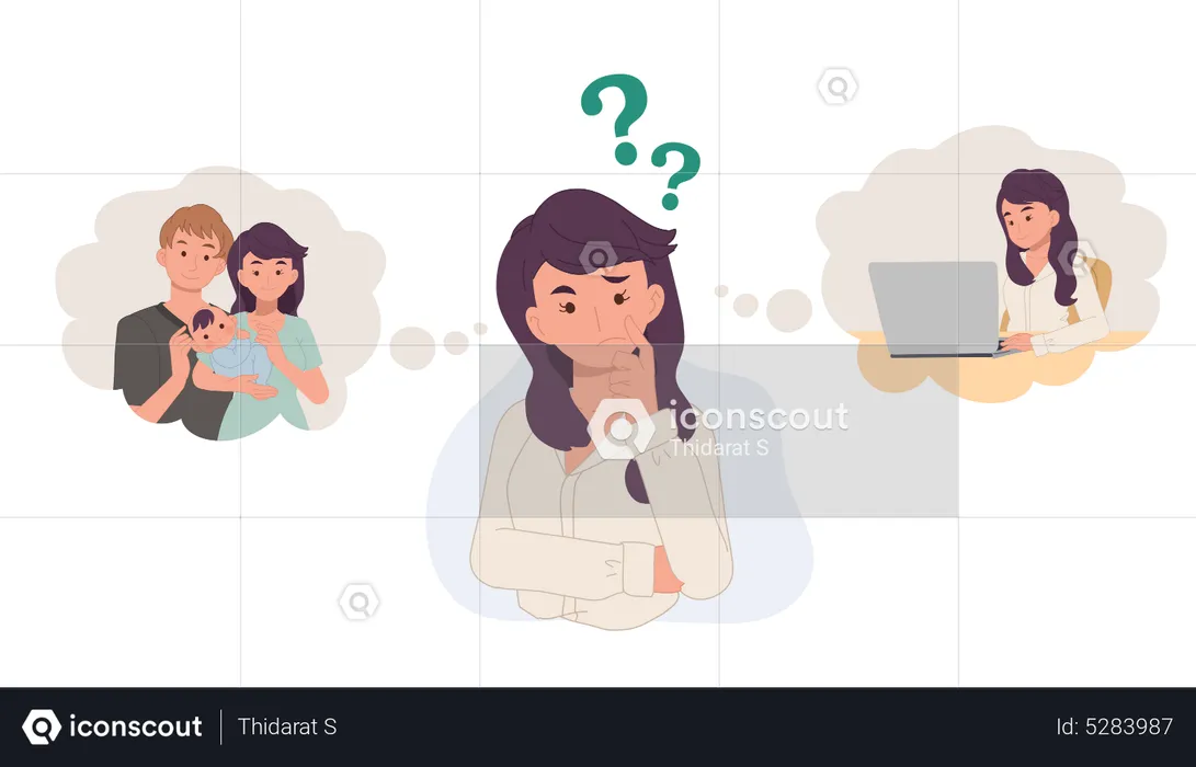 Woman thinking to choose between family and career  Illustration