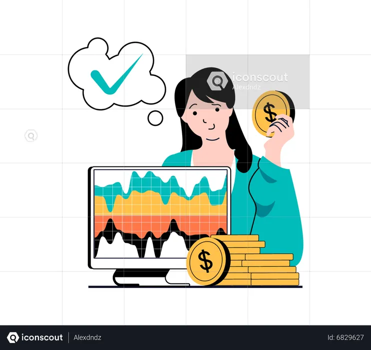 Woman thinking to invest money in stocks  Illustration