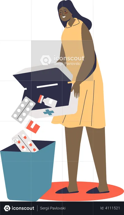 Woman throwing away expired medicines  Illustration