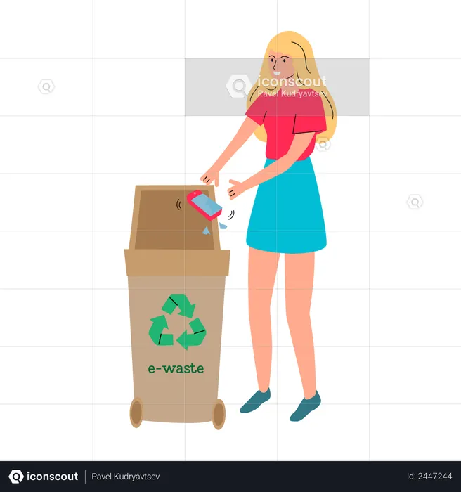 Woman throwing broken phone in e-waste recycling bin  Illustration