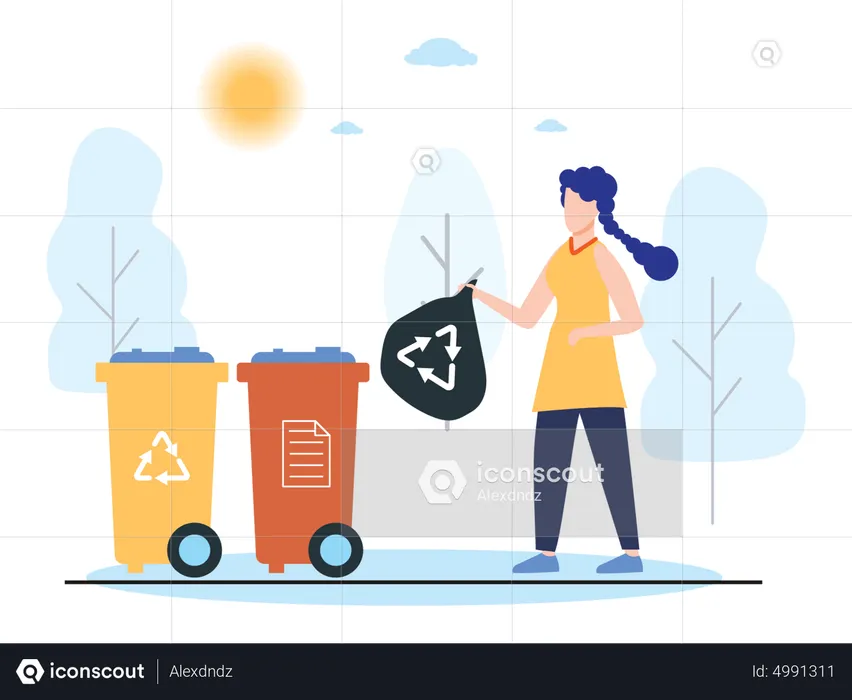 Woman throwing garbage bag in bin  Illustration