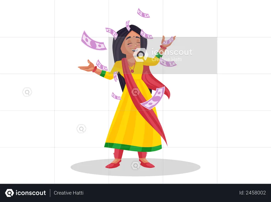 Woman throwing indian rupees in air  Illustration