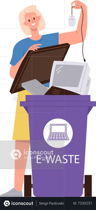 Woman throwing out broken electronic gadgets into e-waste container  Illustration