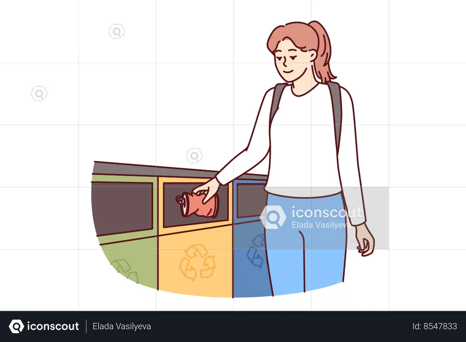 Woman throws iron can into metal trash can to take care of nature for eco consciousness  Illustration