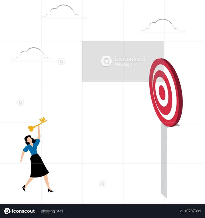 Woman throws key-shaped dart  Illustration