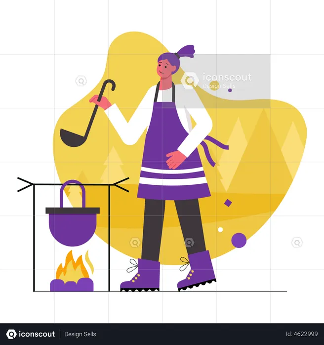Woman tourist cooking food in bowler on campfire  Illustration