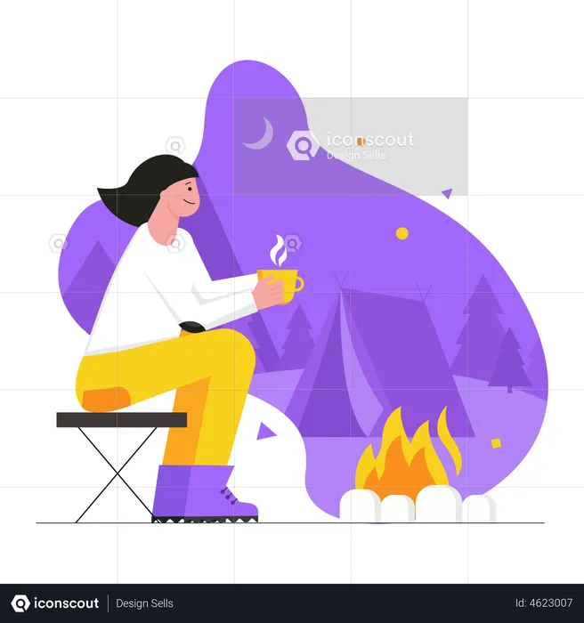 Woman tourist drinking coffee and sitting near campfire  Illustration