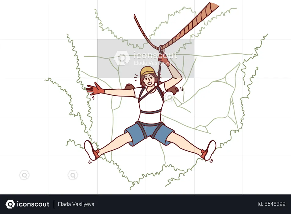 Woman tourist hangs on zip line over forest cliff enjoying extreme vacation in picturesque place  Illustration