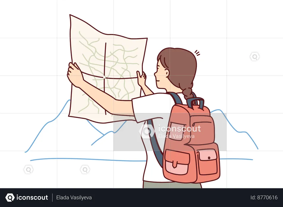 Woman tourist looks at map choosing route for trip  Illustration