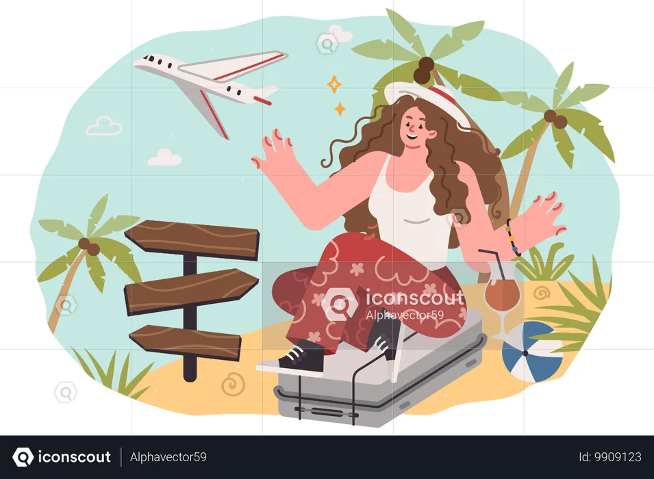 Woman tourist travels to exotic islands with palm trees  Illustration